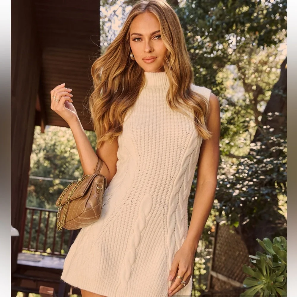 Sleeveless Cable Knit Dress in Cream - Picture 1 of 6